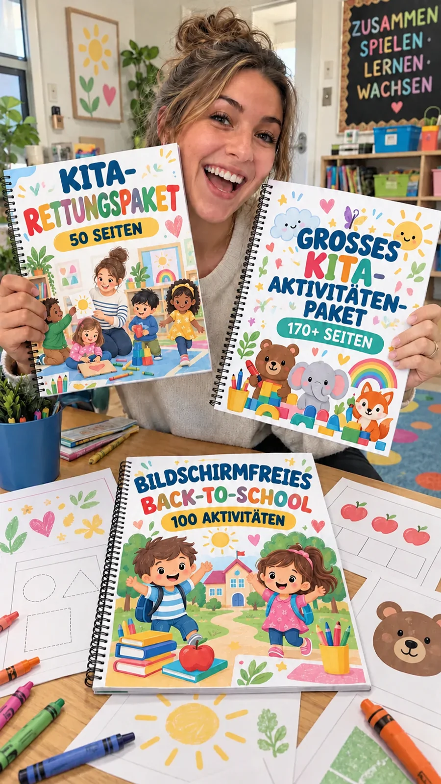 Lehrkraft zeigt 3 deutschsprachige Kita-Aktivitäten-Pakete